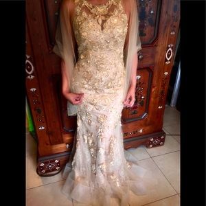 Beautiful Champagne Pink Lace And Pearl Evening Gown. Size Small